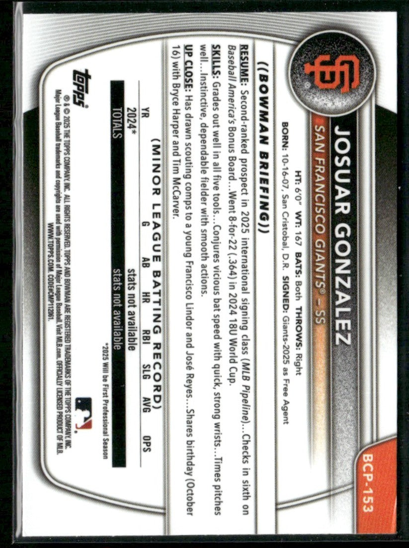 Josuar Gonzalez 2025 Bowman Chrome 1st #BCP-153 San Francisco Giants