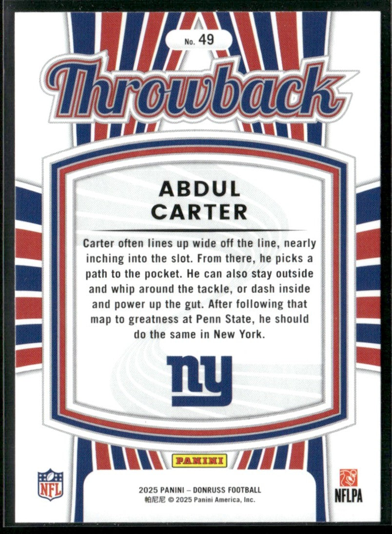 Abdul Carter 2025 Panini Donruss Throwback RC #49 New York Giants