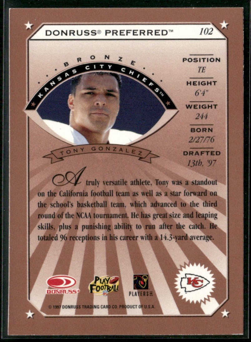 Tony Gonzalez 1997 Donruss Preferred RC #102 Kansas City Chiefs