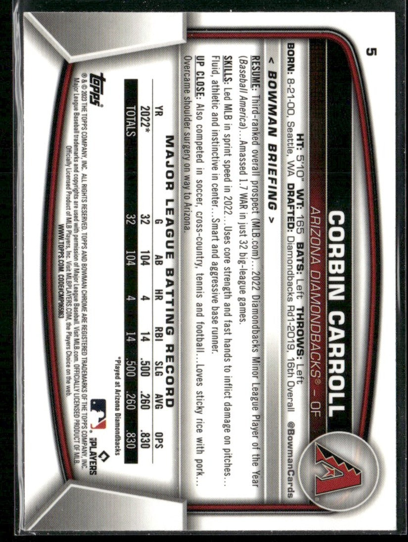 Corbin Carroll 2023 Bowman Chrome RC #5 Arizona Diamondbacks