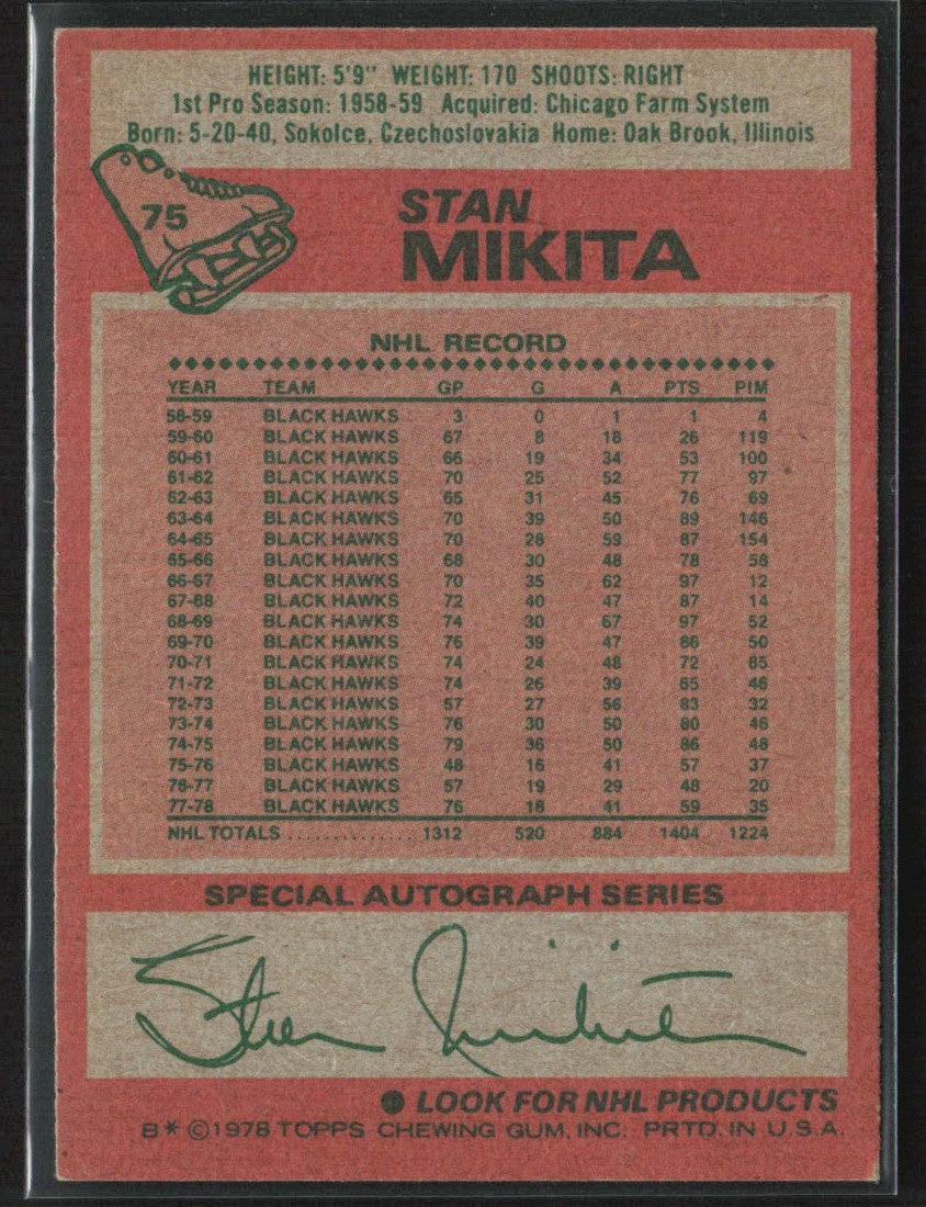 Stan Mikita 1978 Topps #75 Chicago Blackhawks