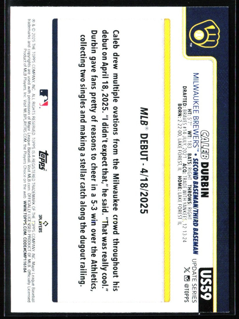 Caleb Durbin 2025 Topps Update RC #US59 Milwaukee Brewers