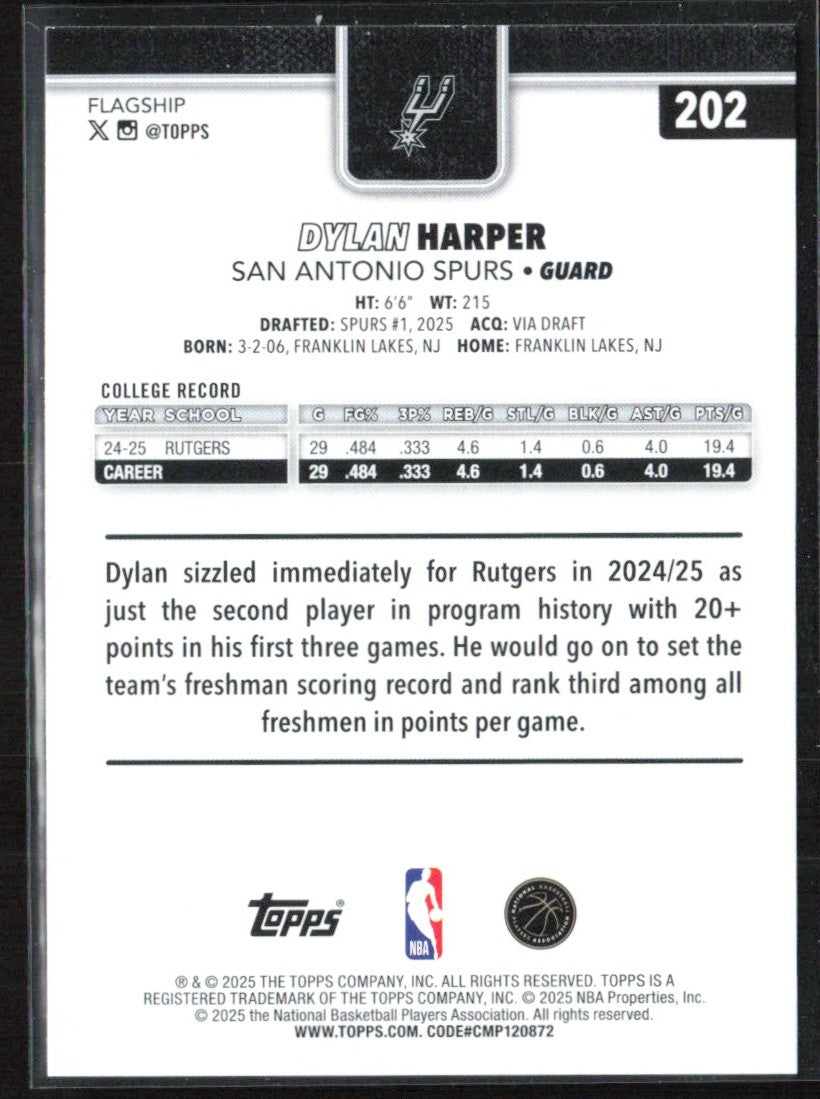 Dylan Harper 2025 Topps RC #202 San Antonio Spurs