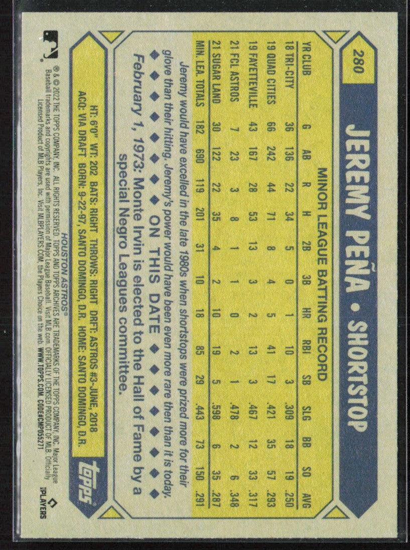 Jeremy Pena 2022 Topps Archives 1987 Design RC #280 Houston Astros