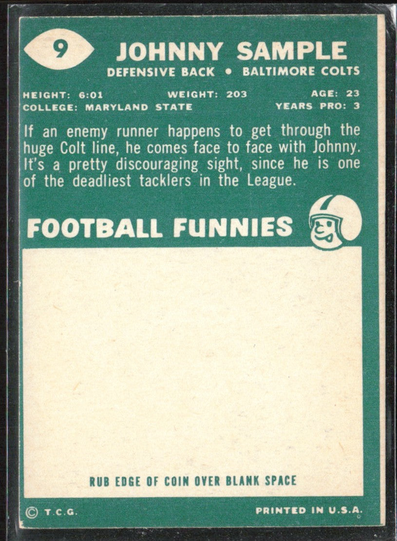 Johnny Sample 1960 Topps RC #9 Baltimore Colts