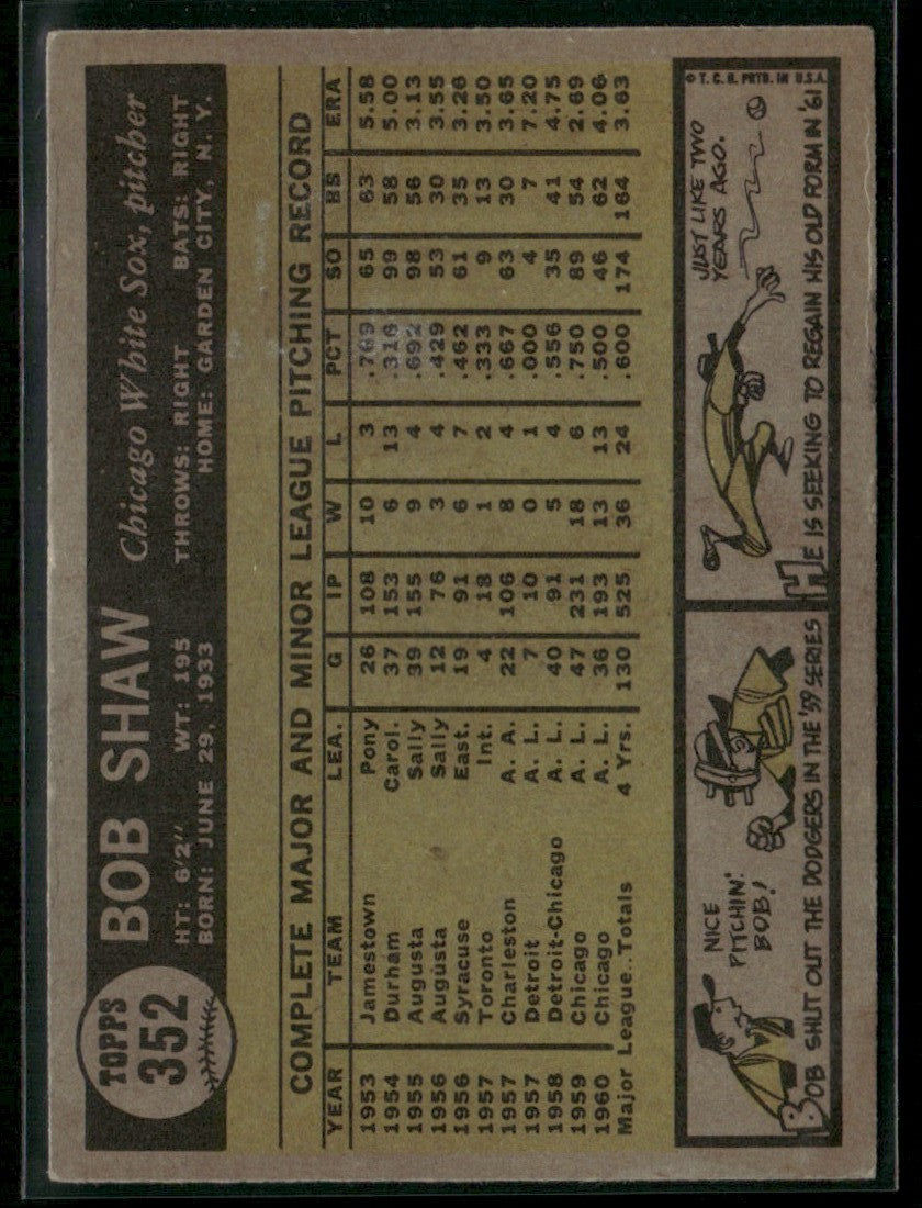 Bob Shaw 1961 Topps #352 Chicago White Sox