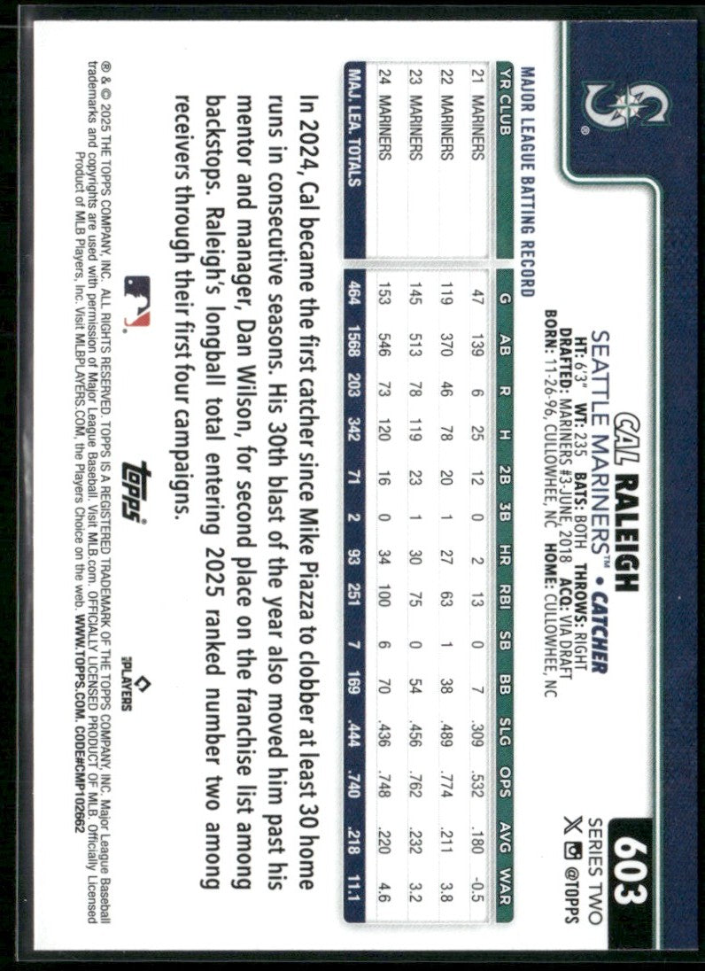 Cal Raleigh 2025 Topps Rainbow Foil #603 Seattle Mariners