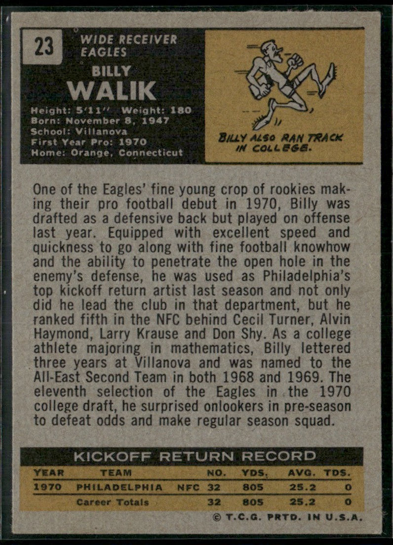 Billy Walik 1971 Topps RC #23 Philadelphia Eagles