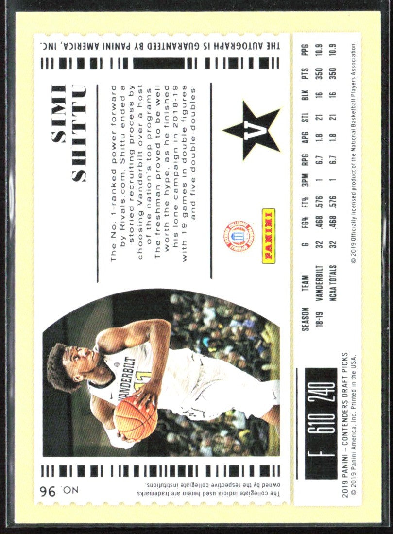 Simi Shittu 2019 Panini Contenders College Ticket RC AUTO #96 Vanderbilt