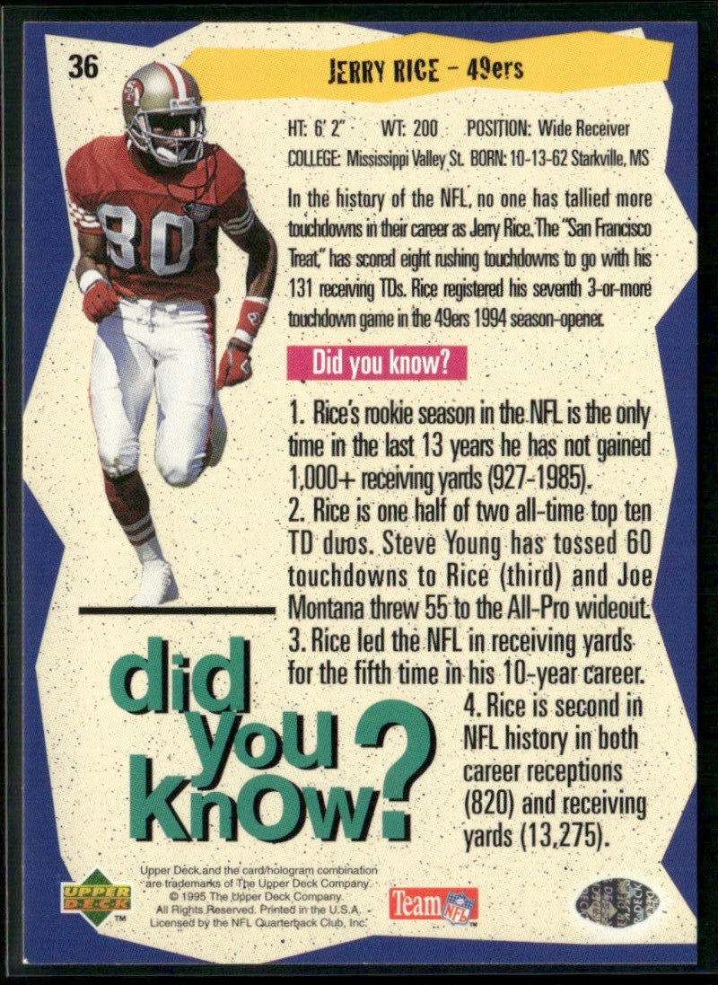 Jerry Rice 1995 Collector's Choice Players Club #36 San Francisco 49ers