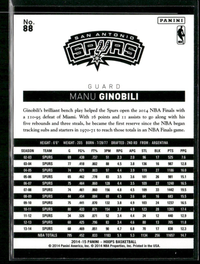 Manu Ginobili 2014 Hoops Green Checker #88 San Antonio Spurs