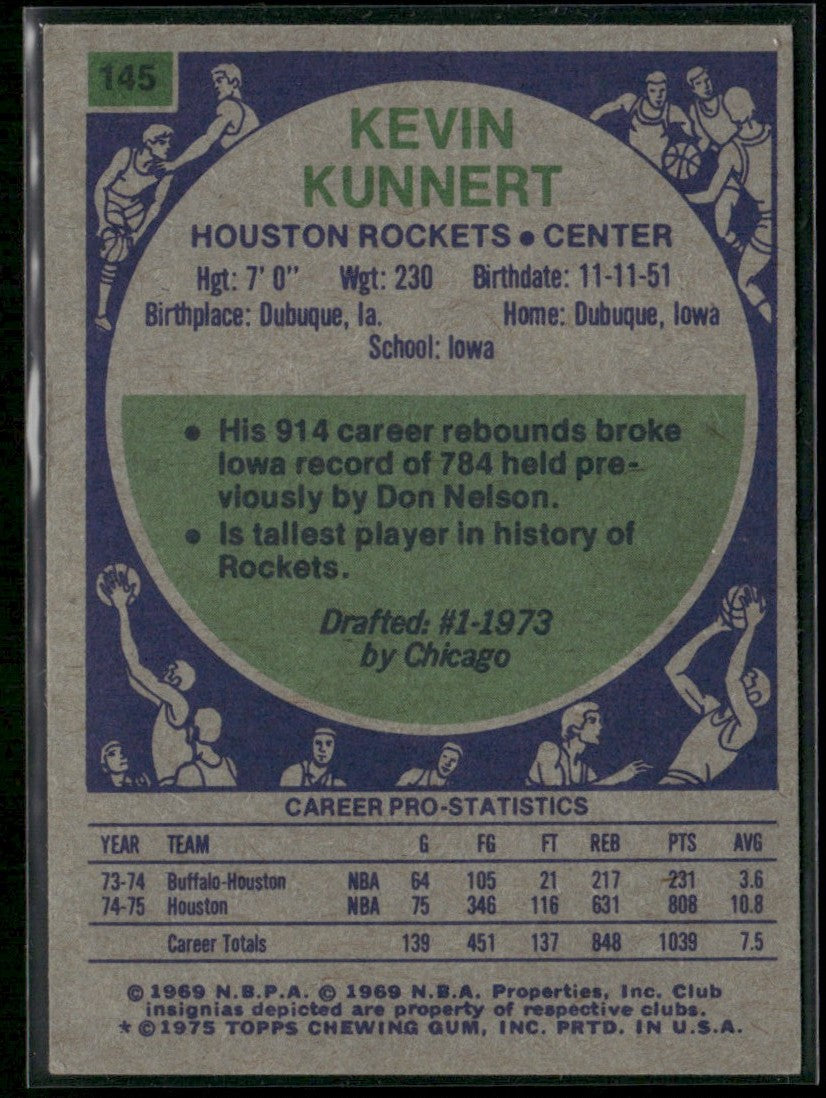 Kevin Kunnert 1975 Topps RC #145 Houston Rockets
