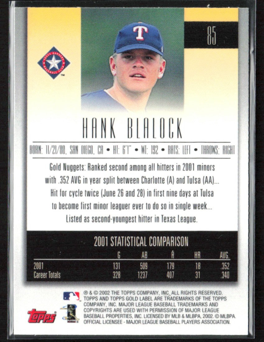 Hank Blalock 2002 Topps Gold Label #85 Texas Rangers