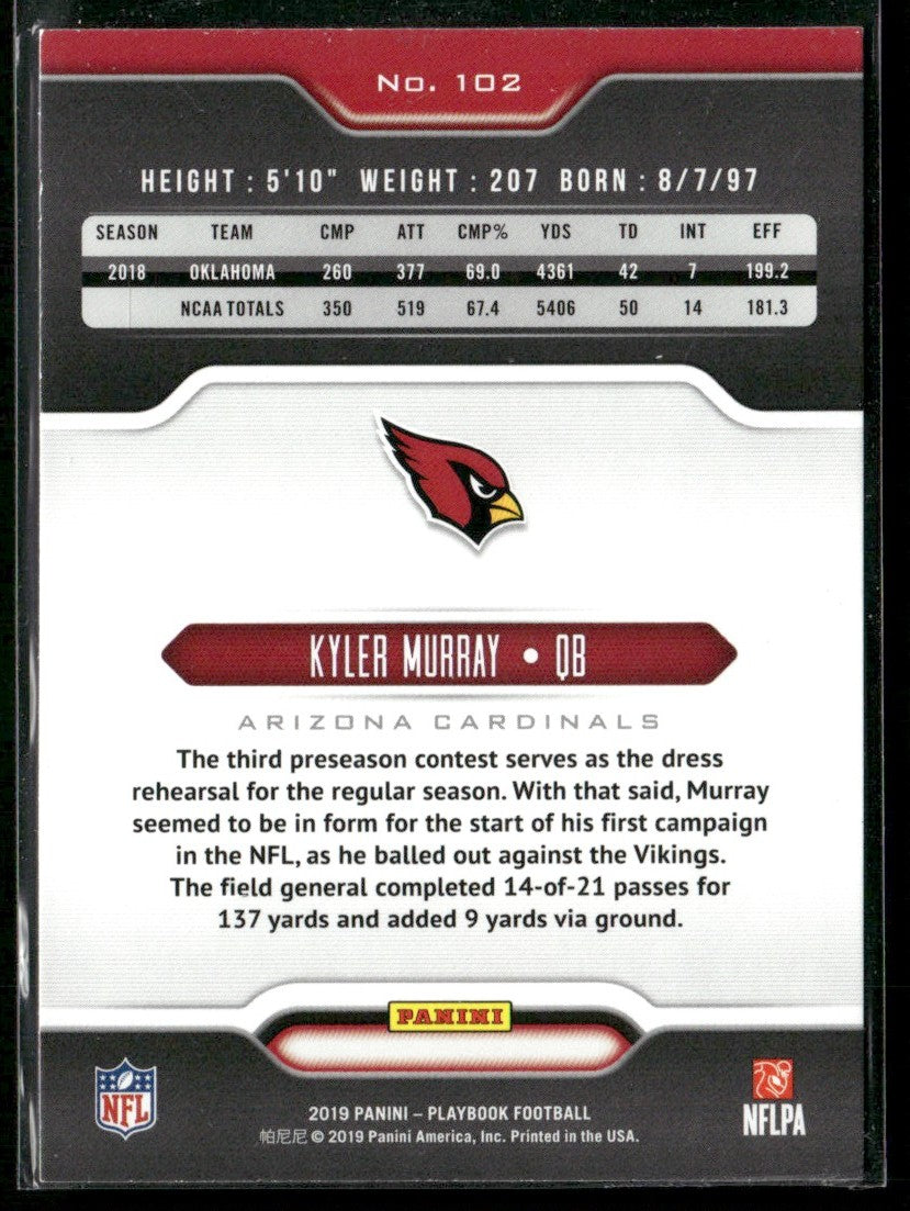 Kyler Murray 2019 Panini Playbook RC #102 Arizona Cardinals