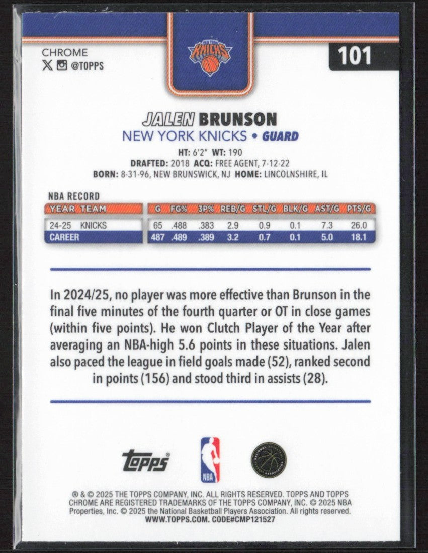Jalen Brunson 2025 Topps Chrome RayWave Refractor #101 New York Knicks