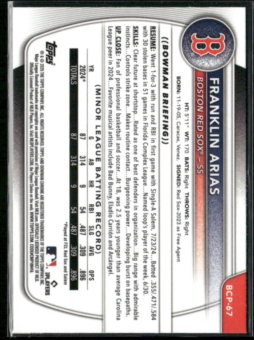 Franklin Arias 2025 Bowman Chrome 1st #BCP-67 Boston Red Sox