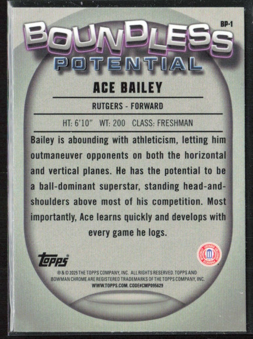 Ace Bailey 2025 Bowman University Chrome Boundless Potential #BP-1 Rutgers
