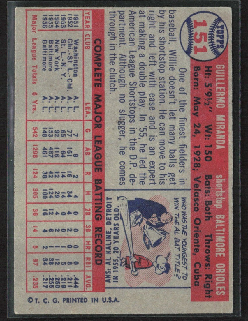 Willie Miranda 1957 Topps #151 Baltimore Orioles