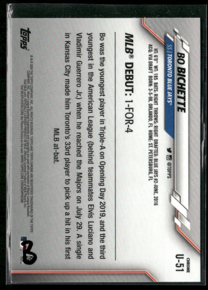 Bo Bichette 2020 Topps Chrome Update RC #U-51 Toronto Blue Jays