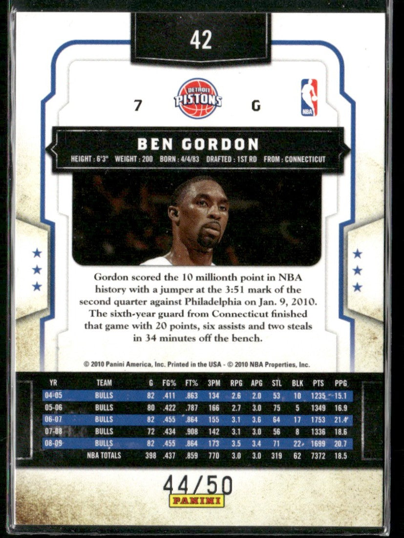 Ben Gordon 2009 Panini Classics Timeless Tributes Gold /50 #42 Detroit Pistons