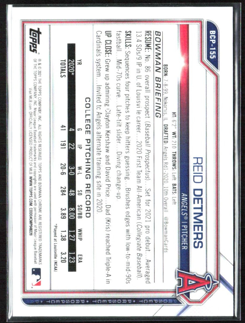 Reid Detmers 2021 Bowman Chrome Purple Mojo Refractor #BCP-155
