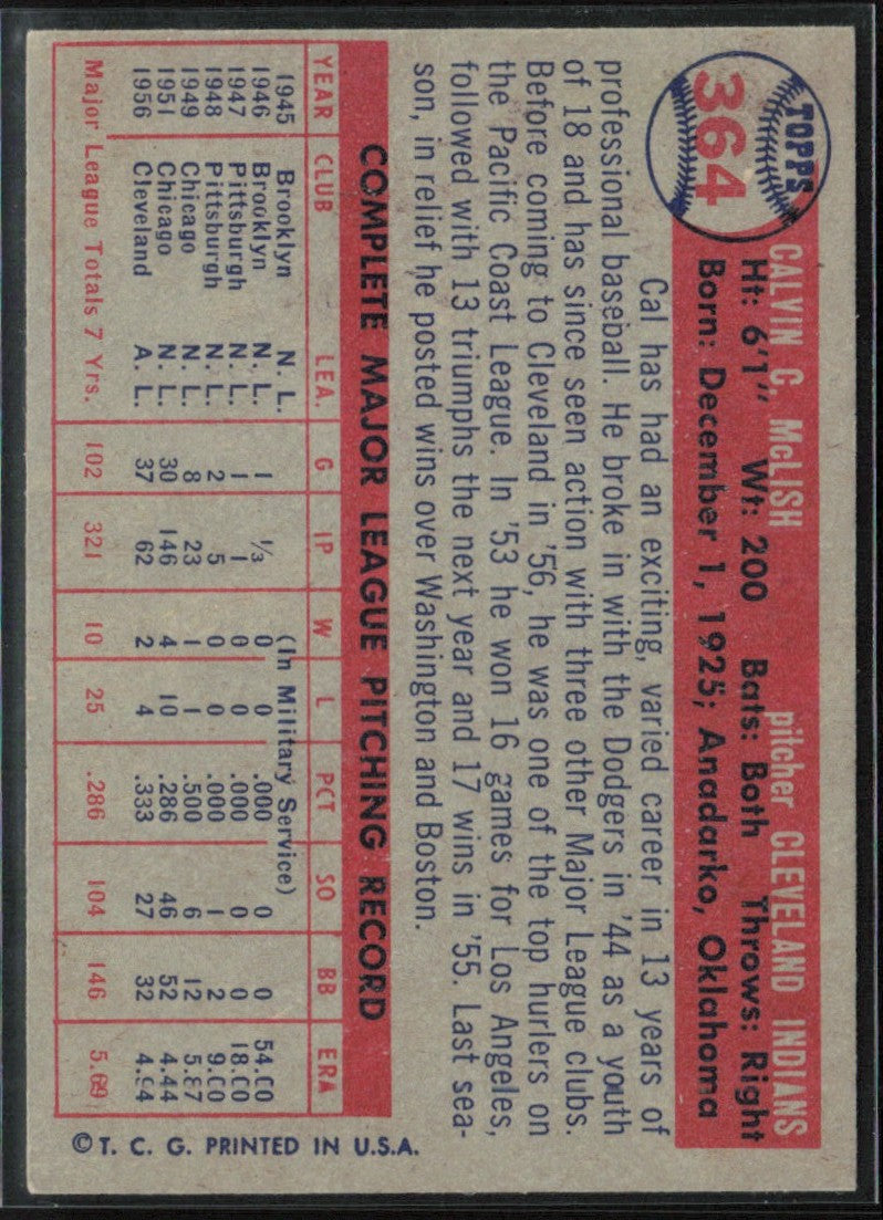 Cal McLish 1957 Topps RC #364 Cleveland Indians