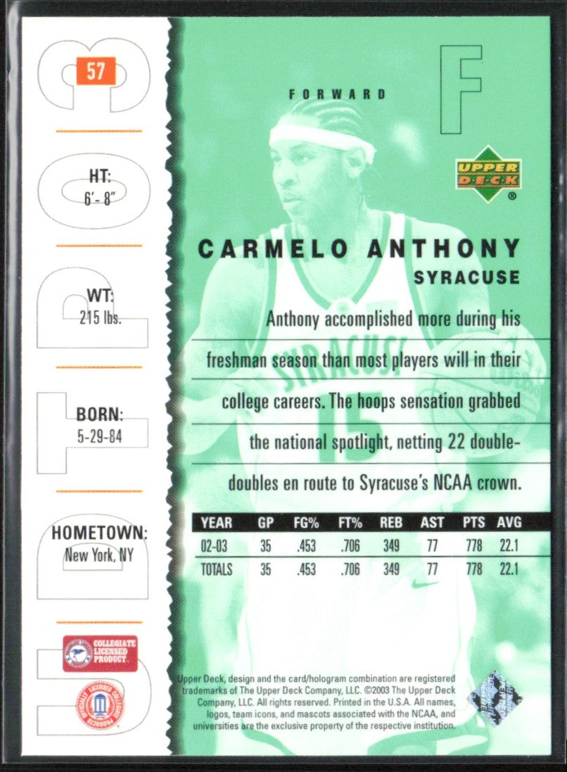 Carmelo Anthony 2003 UD Top Prospects #57 Syracuse Orangemen