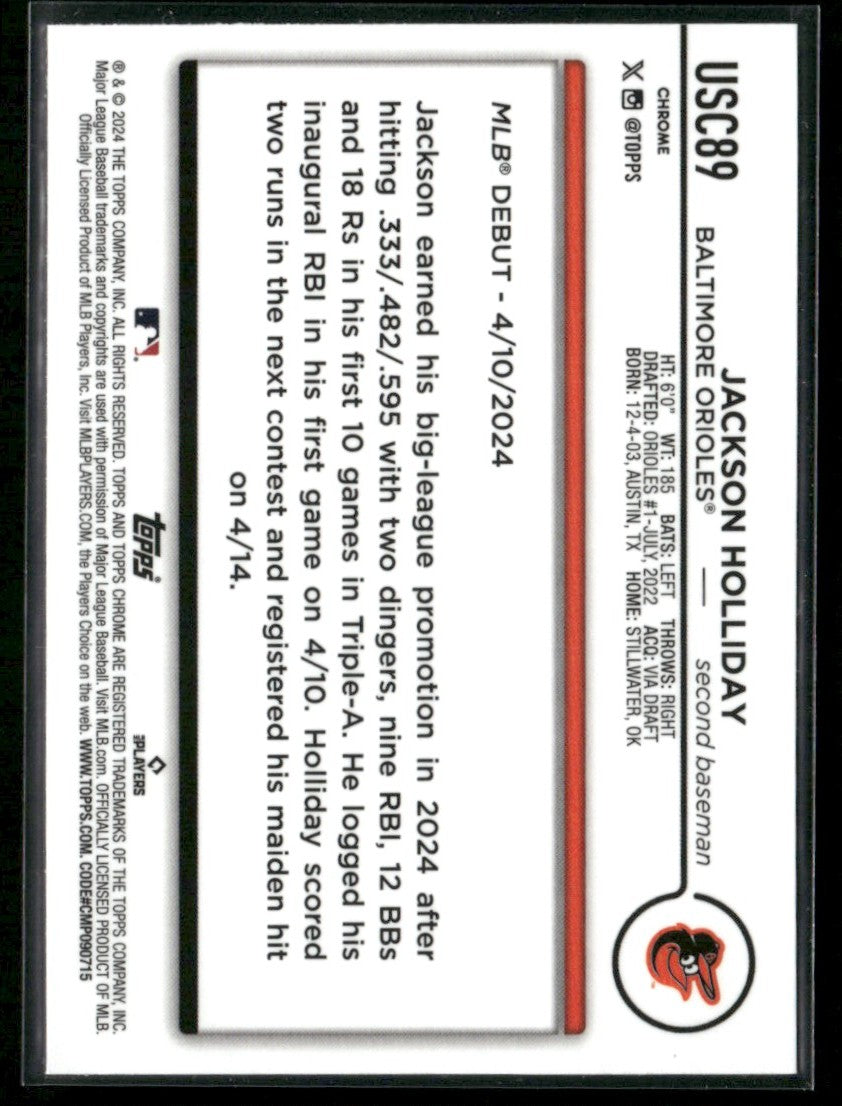 Jackson Holliday 2024 Topps Chrome Update RC #USC89 Baltimore Orioles