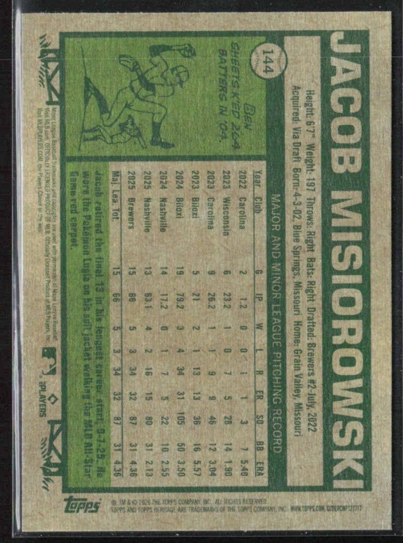 Jacob Misiorowski 2026 Topps Heritage RC #144 Milwaukee Brewers