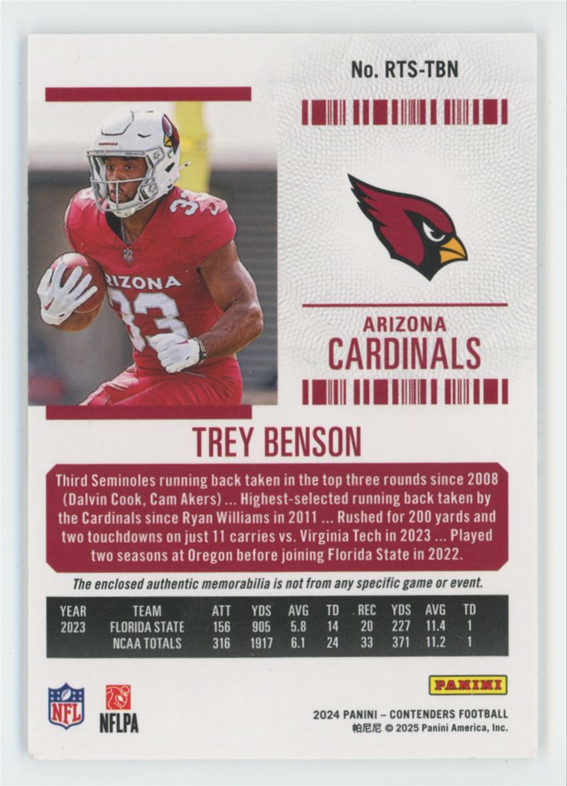 Trey Benson 2024 Panini Contenders Rookie Ticket RC Jersey #RTS-TBN
