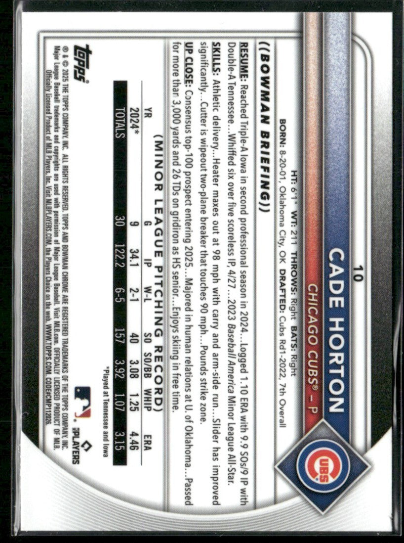 Cade Horton 2025 Bowman Chrome RC #10 Chicago Cubs