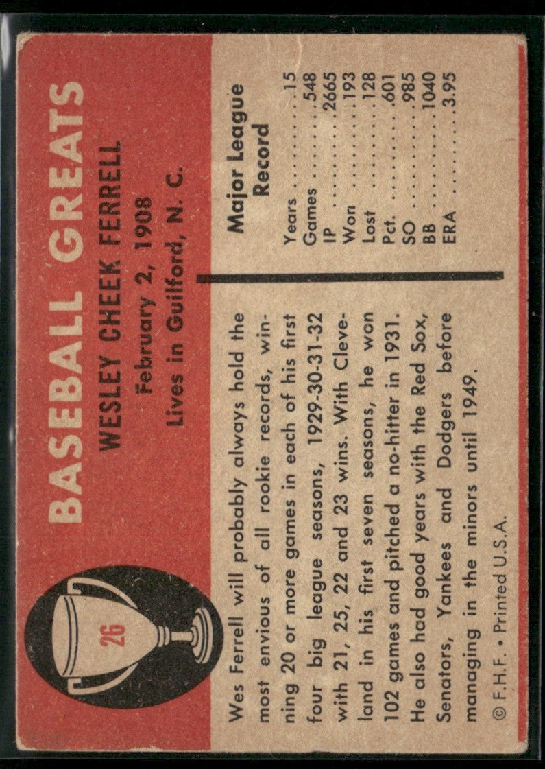 Wes Ferrell 1961 Fleer Baseball Greats #26 Washington Senators