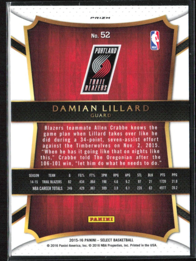 Damian Lillard 2015 Panini Select Concourse Tri-Color #52 Portland Trail Blazers