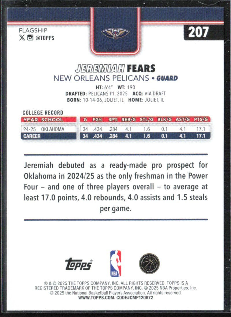 Jeremiah Fears 2025 Topps RC #207 New Orleans Pelicans