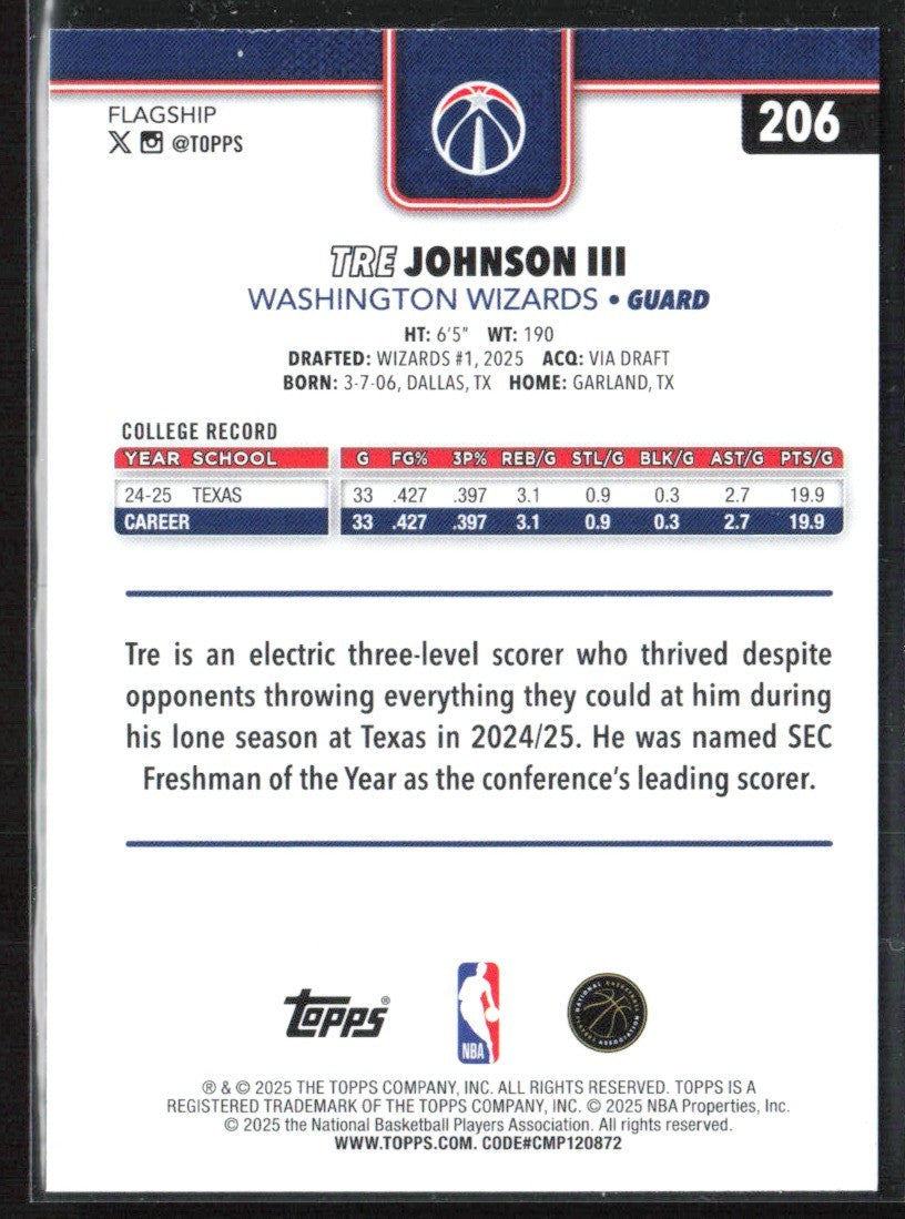 Tre Johnson III 2025 Topps RC #206 Washington Wizards