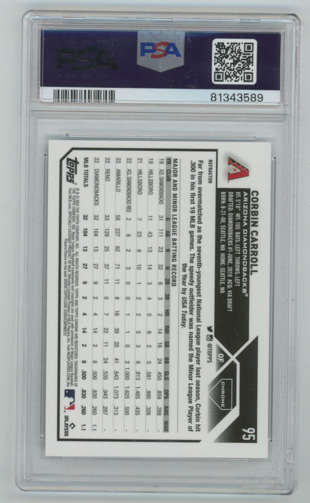 Corbin Carroll 2023 Topps Chrome Refractor RC psa 9.0 #95 Arizona Diamondbacks