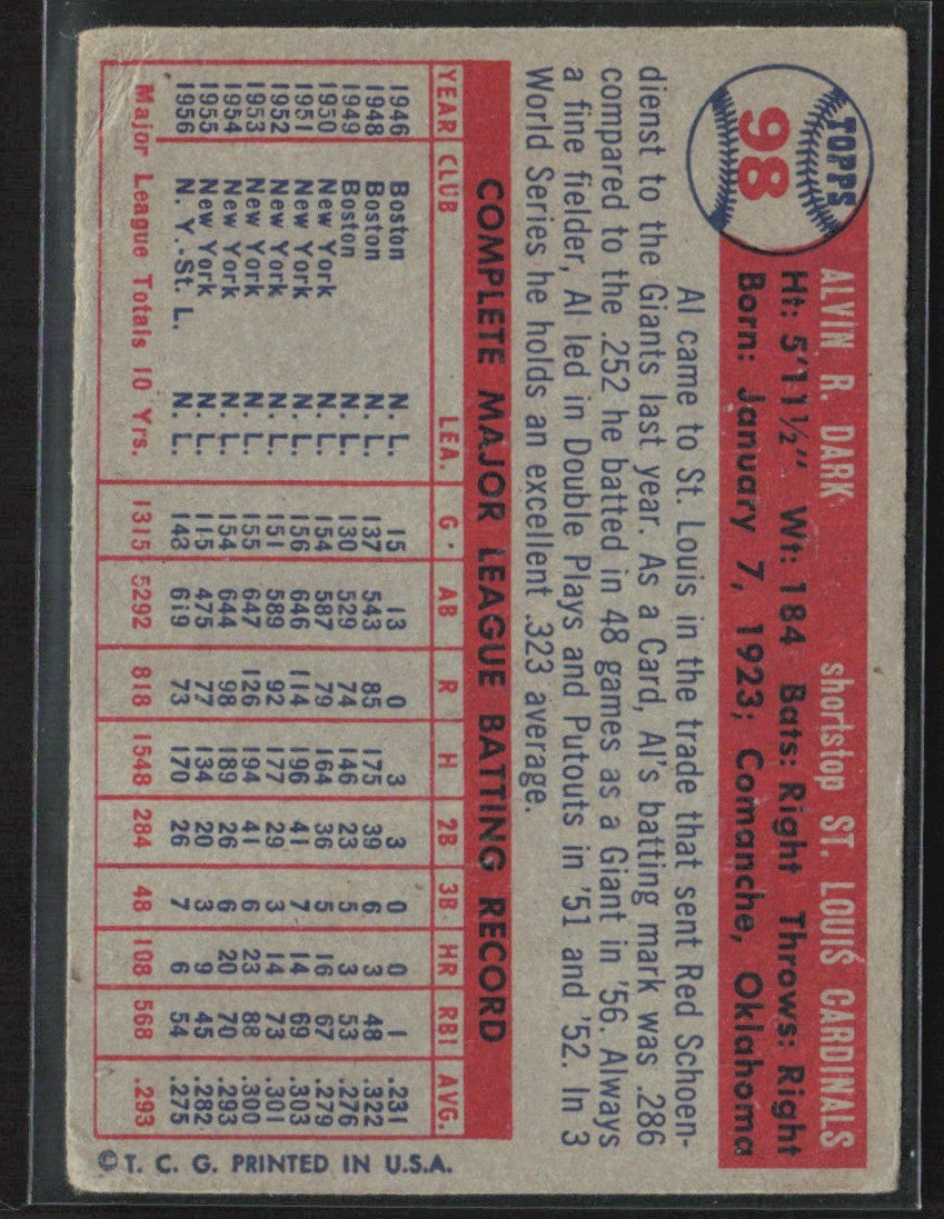 Al Dark 1957 Topps #98 St. Louis Cardinals