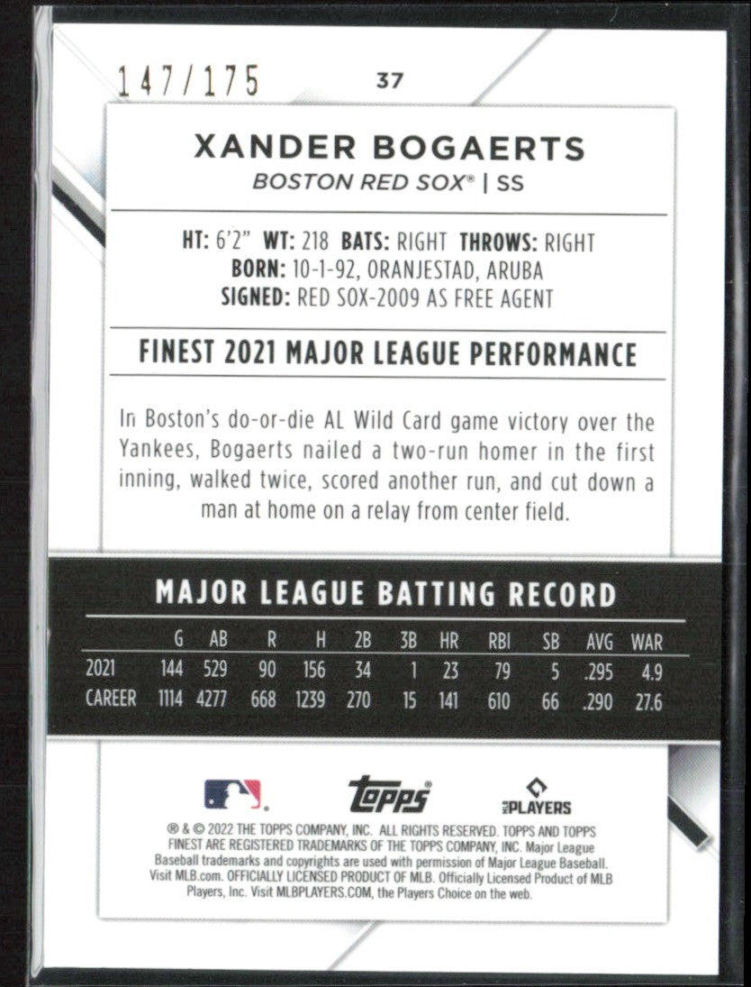 Xander Bogaerts 2022 Topps Finest Aqua Shimmer Refractor /175 #37 Boston Red Sox