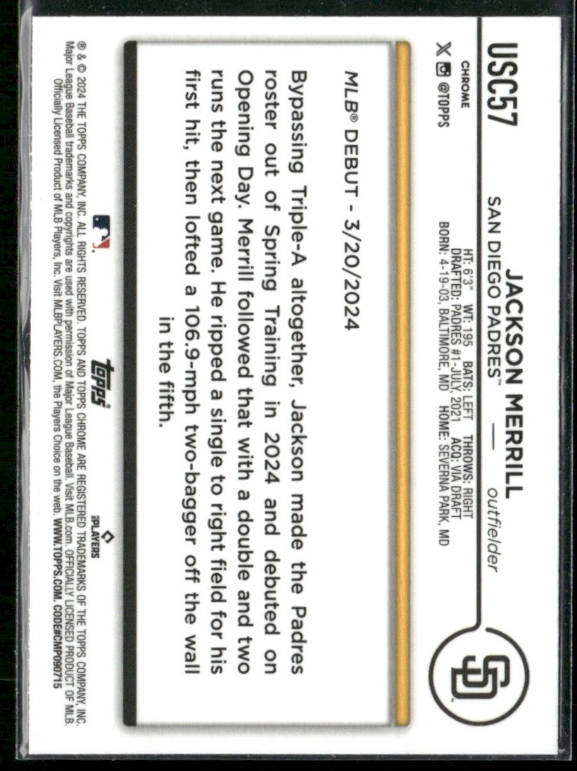 Jackson Merrill 2024 Topps Chrome Update RC #USC57 San Diego Padres