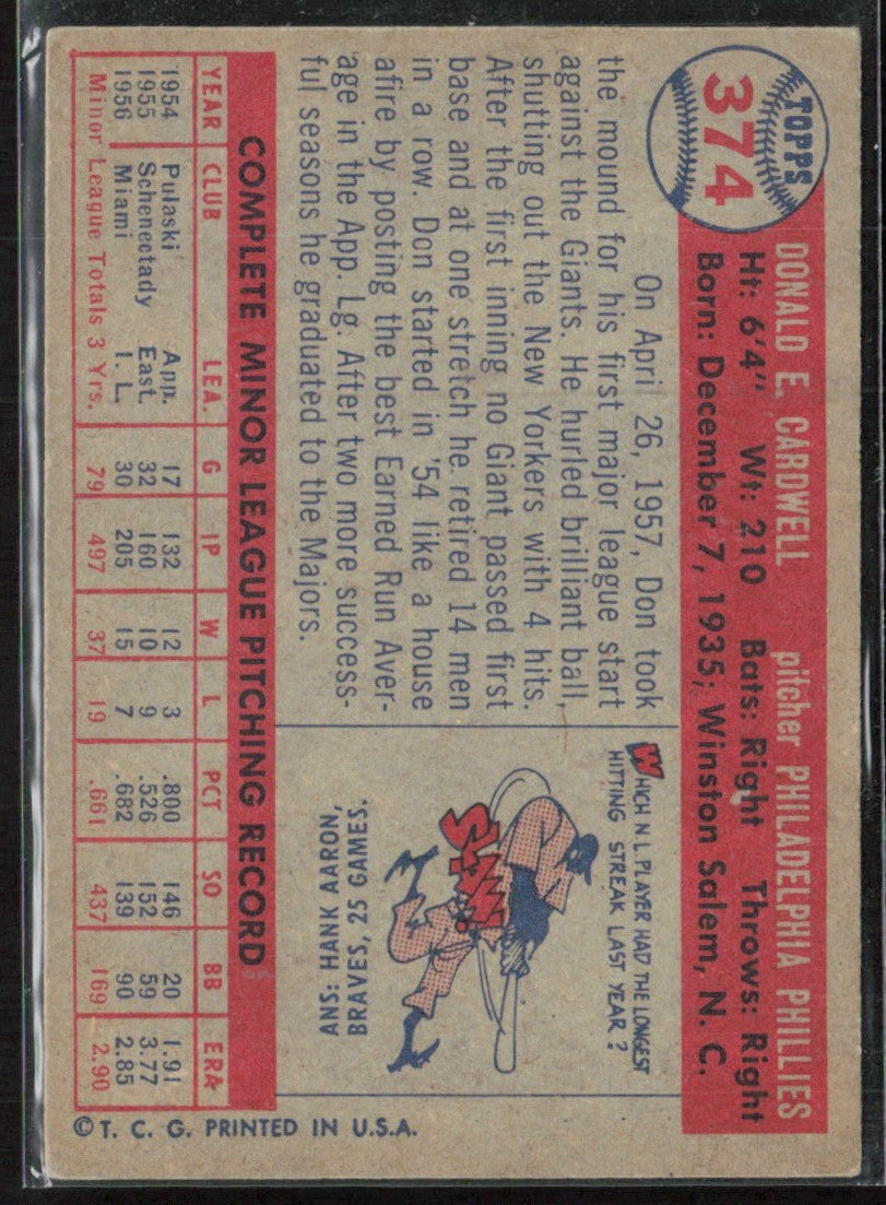 Don Cardwell 1957 Topps RC #374 Philadelphia Phillies
