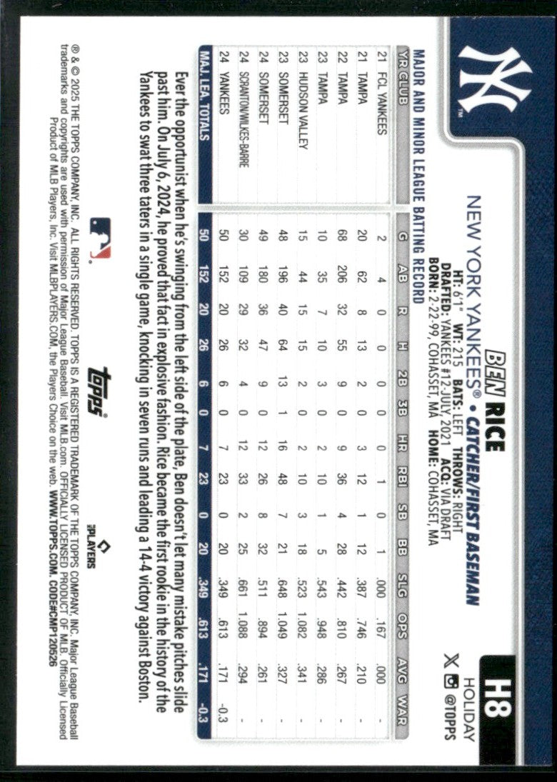 Ben Rice 2025 Topps Holiday Silver Glitter RC #H8 York Yankees