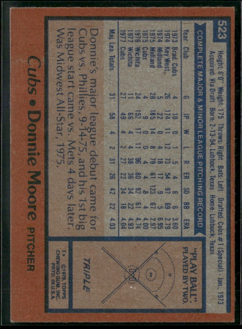 Donnie Moore 1978 Topps RC #523 Chicago Cubs