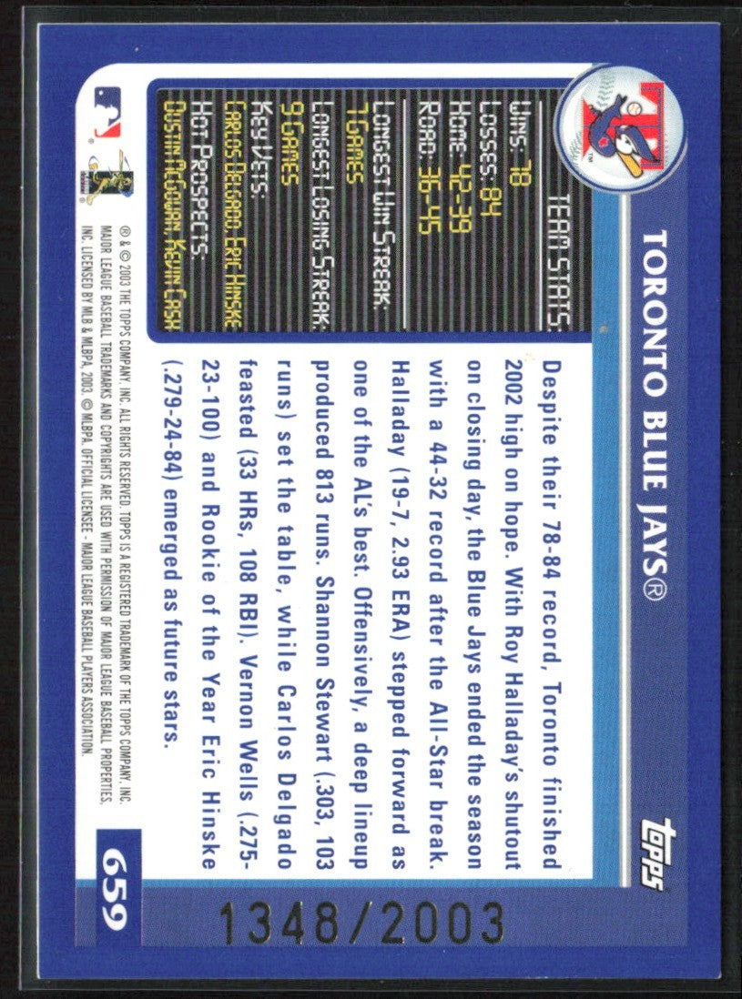 Toronto Blue Jays 2003 Topps Gold /2003 #659 Toronto Blue Jays
