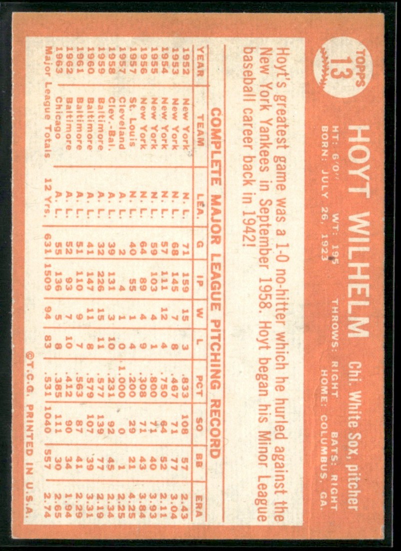 Hoyt Wilhelm 1964 Topps #13 Chicago White Sox