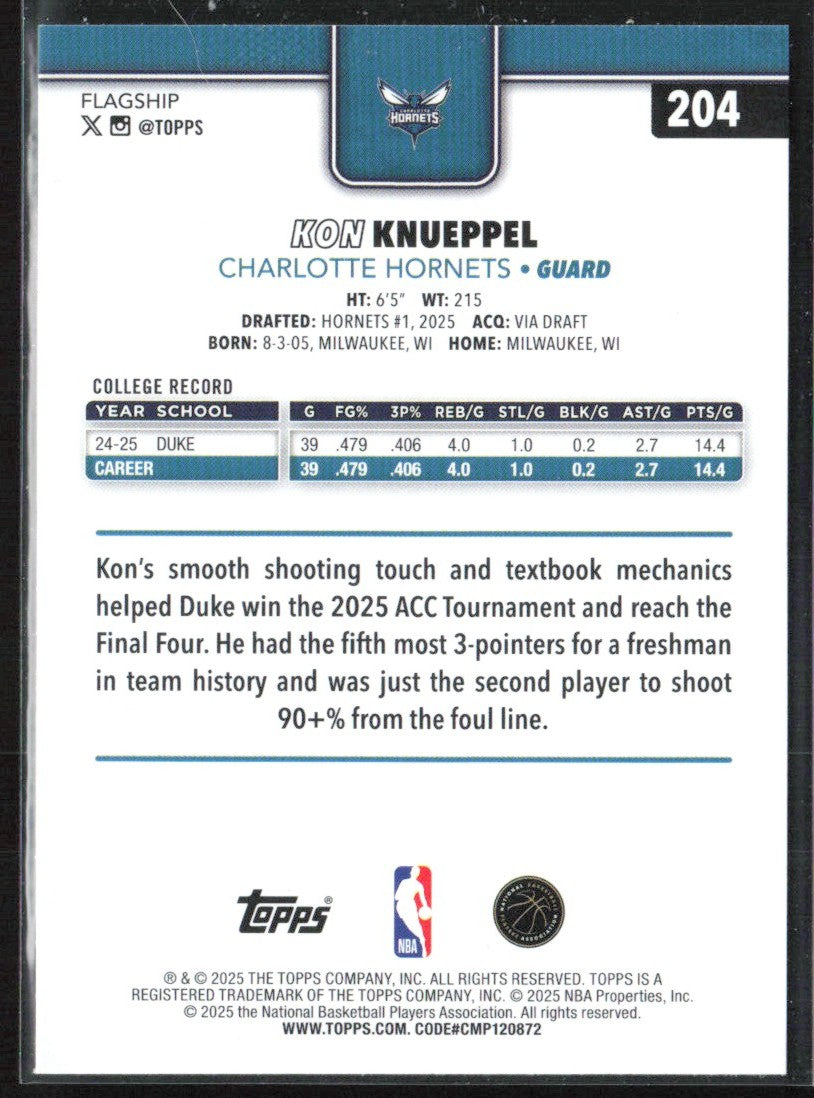 Kon Knueppel 2025 Topps RC #204 Charlotte Hornets