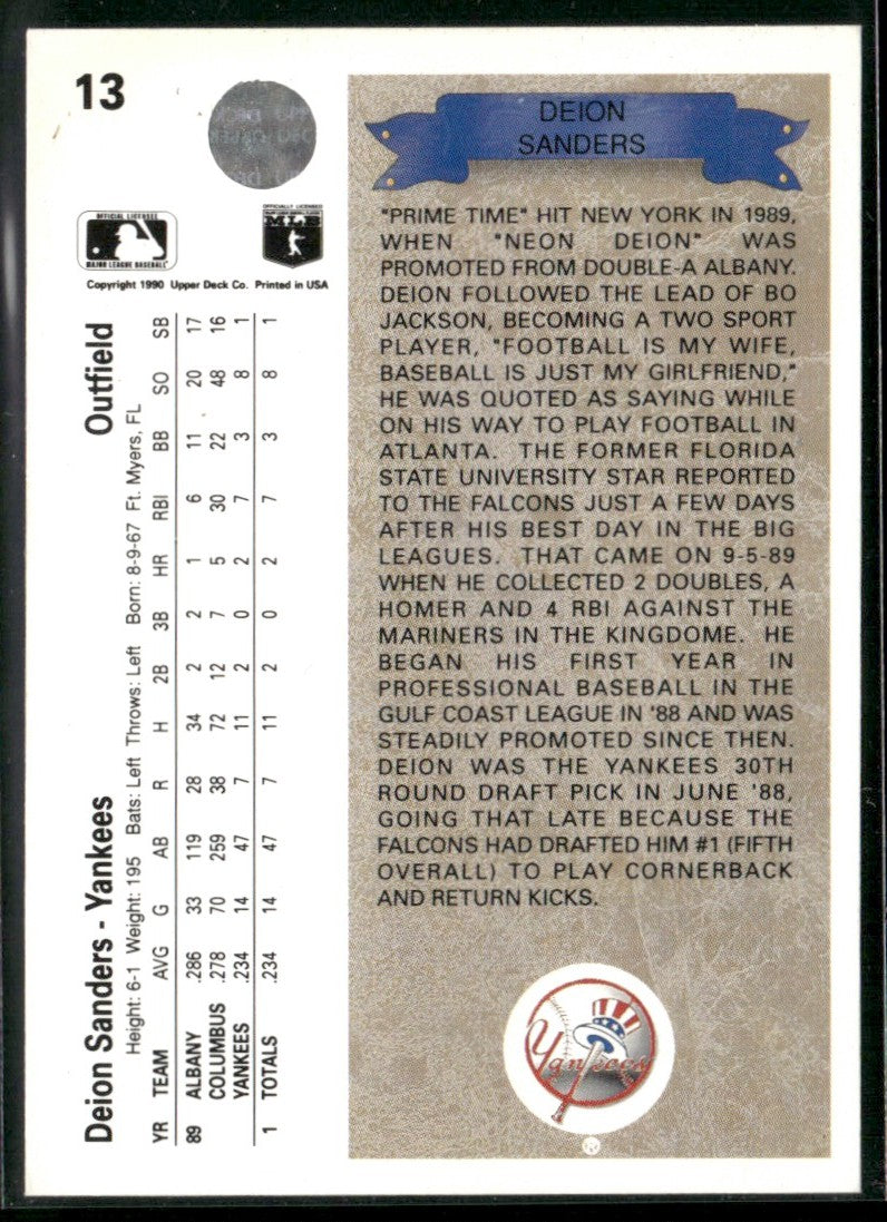 Deion Sanders 1990 Upper Deck RC #13 New York Yankees