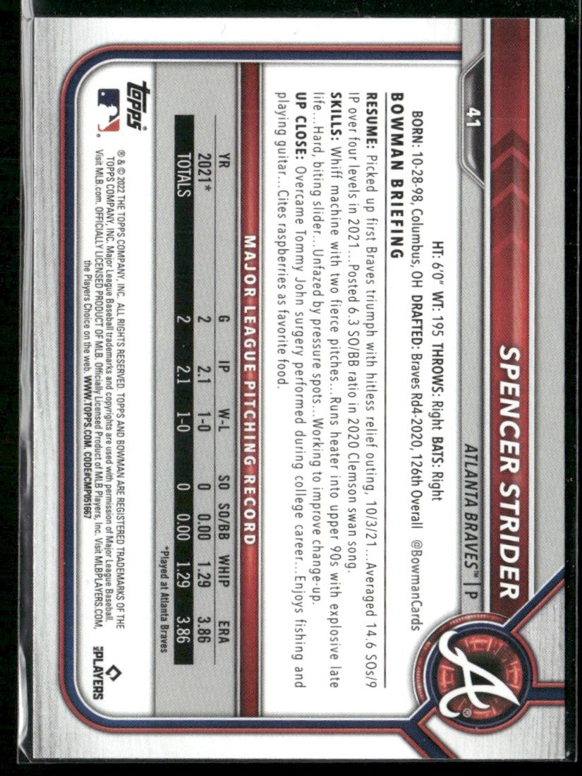 Spencer Strider 2022 Bowman RC #41 Atlanta Braves