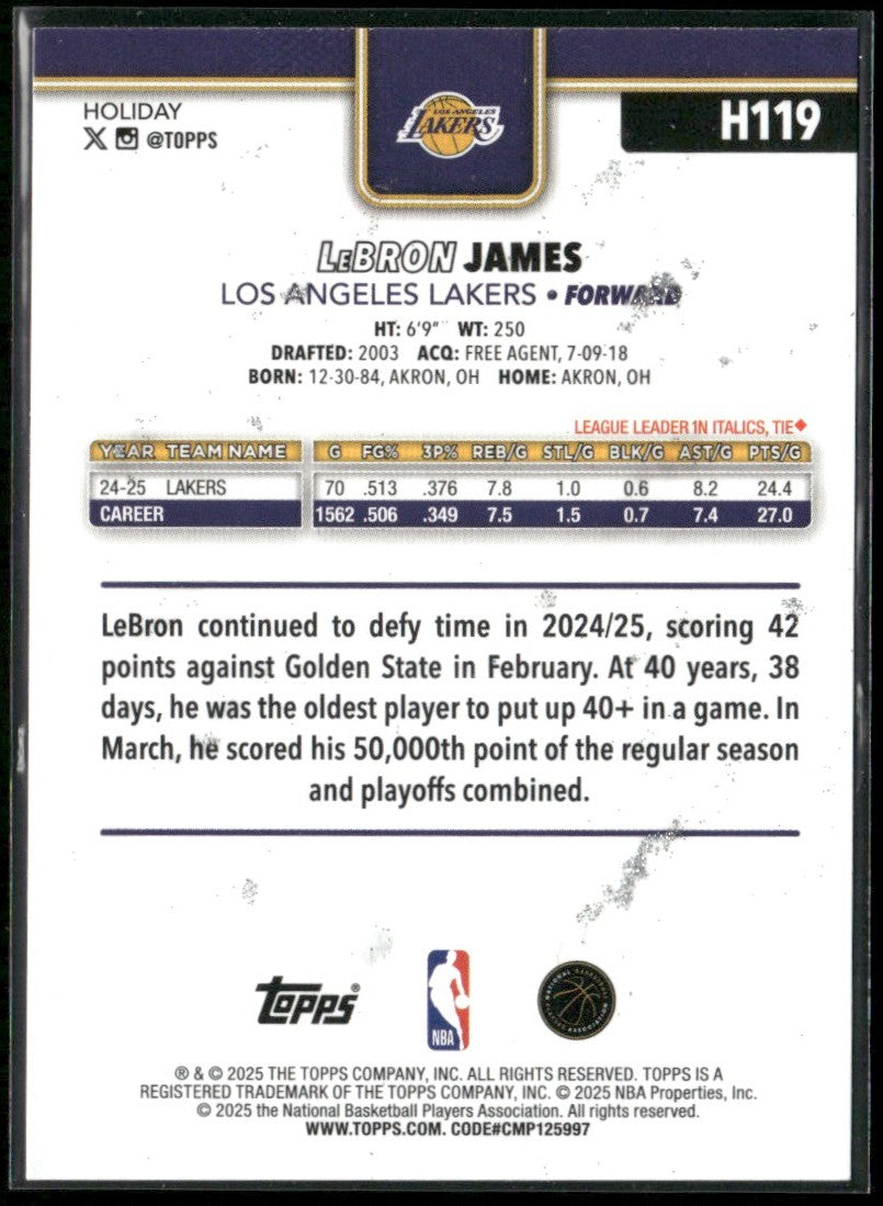 LeBron James 2025 Topps Holiday Silver Glitter #H119 Los Angeles Lakers
