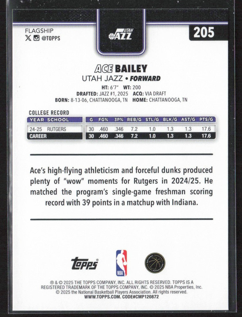 Ace Bailey 2025 Topps Rainbow Foil RC #205 Utah Jazz