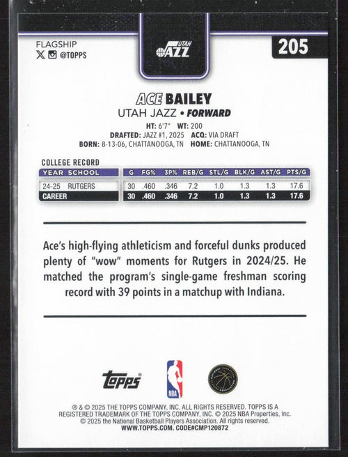 Ace Bailey 2025 Topps Rainbow Foil RC #205 Utah Jazz